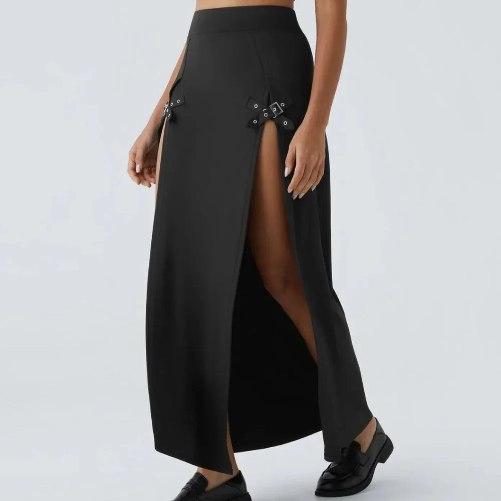 HALARA High Waist 2 In 1 Split Black Maxi Skort Skirt Buckle Various Sizes NWT - Picture 5 of 15